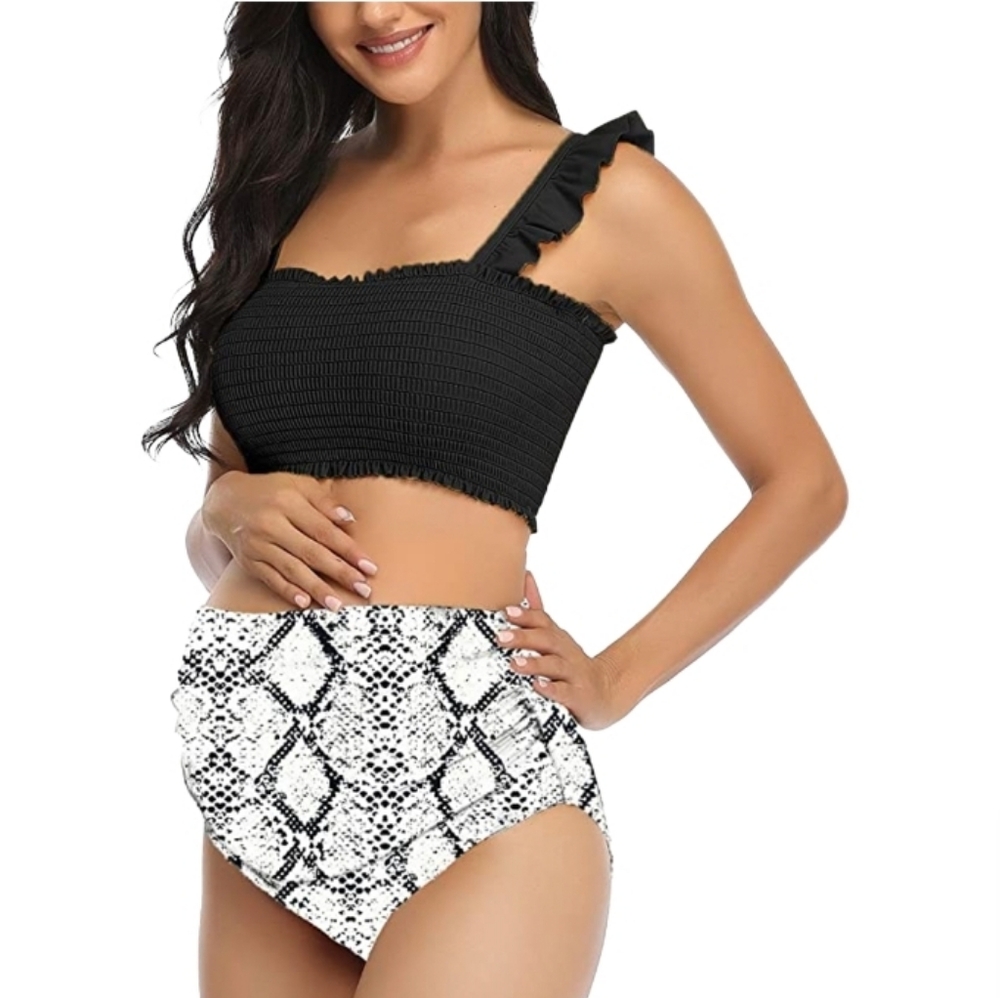 Black Smocked Bikini Top with Black & White Snake Print High-Waist Bottoms